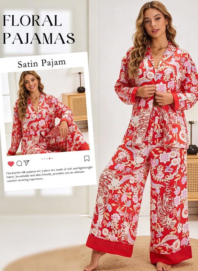 Yimoon Womens Satin Pajama Set Floral Silk Pajamas 2 Piece Cute Long Sleeve Button Down Pjs Sleepwear Lounge Set, Red, L - Image 5