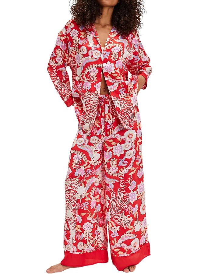 Yimoon Womens Satin Pajama Set Floral Silk Pajamas 2 Piece Cute Long Sleeve Button Down Pjs Sleepwear Lounge Set, Red, L - Image 1