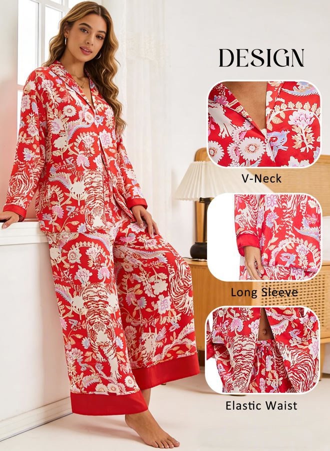 Yimoon Womens Satin Pajama Set Floral Silk Pajamas 2 Piece Cute Long Sleeve Button Down Pjs Sleepwear Lounge Set, Red, L - Image 4