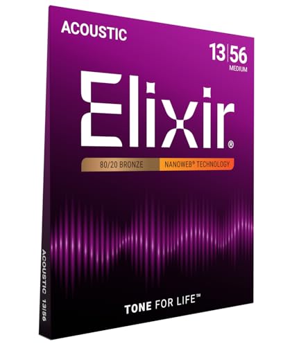 Elixir Strings, Acoustic Guitar Strings, 80/20 Bronze with NANOWEB Coating, Longest-Lasting Bright and Focused Tone with Comfortable Feel, 6 String Set, Medium 13-56 - Image 1