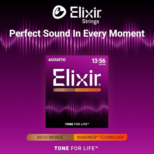 Elixir Strings, Acoustic Guitar Strings, 80/20 Bronze with NANOWEB Coating, Longest-Lasting Bright and Focused Tone with Comfortable Feel, 6 String Set, Medium 13-56 - Image 2