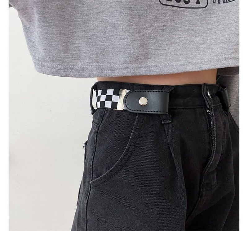 Toxen Invisible Buckle-less Jeans Belt with Ring Adjustable Buckle Free Waist Belt Elastic Belt for Jeans Pants Skirt for Unisex (Black & White) - Image 5