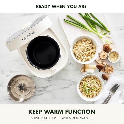 GreenPan Carb Reducing Electric Rice Cooker, 4 Cups Uncooked/8 Cooked Rice, 10 Presets, LED Display, Healthier Meals, Delay Timer, PFAS-Free Ceramic Nonstick Removable Bowl, Cool Touch, Steam, Cream - Image 5