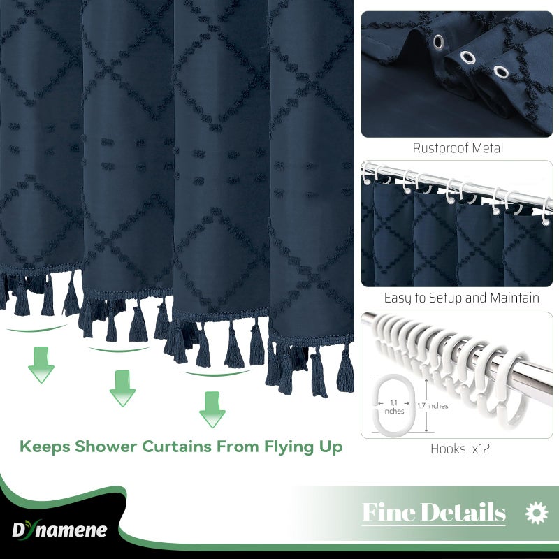 Dynamene ستائر دش طويلة دش طويلة 96 بوصة طويلة بوهو معنقدة هندسية مخططة الستائر دش الدش للحمام طويل المزرعة الستار القماش دش مجموعة مع 12 خطاف البحرية الأزرق 72x96 - Image 3
