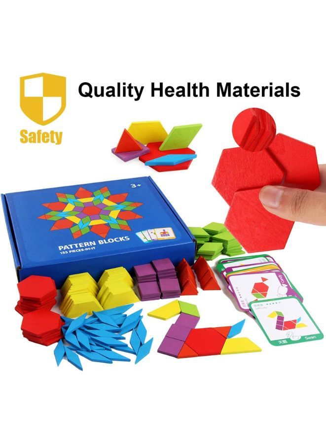 مجموعة كتل نمط خشبية مكونة من 155 قطعة - ألغاز أشكال هندسية - لعبة تعليمية للأطفال في مرحلة ما قبل المدرسة - هدية STEM للأطفال - ألعاب مونتيسوري تانغرام للأولاد والبنات مع 24 بطاقة تصميم - Image 4