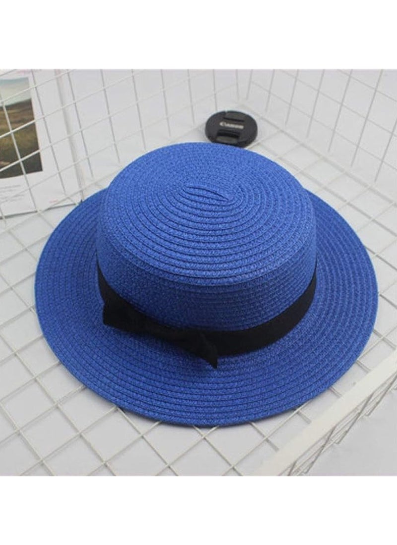Vitacelli - Straw Sun Hat for Women, Girls Cute Summer Beach Cap Foldable Visor Floppy Wide Brim with Bowknot BLUE - Image 1