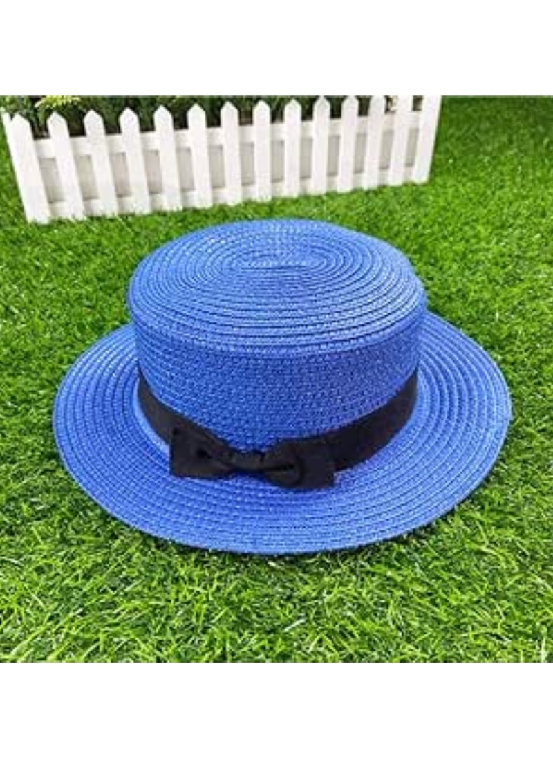 Vitacelli - Straw Sun Hat for Women, Girls Cute Summer Beach Cap Foldable Visor Floppy Wide Brim with Bowknot BLUE - Image 1