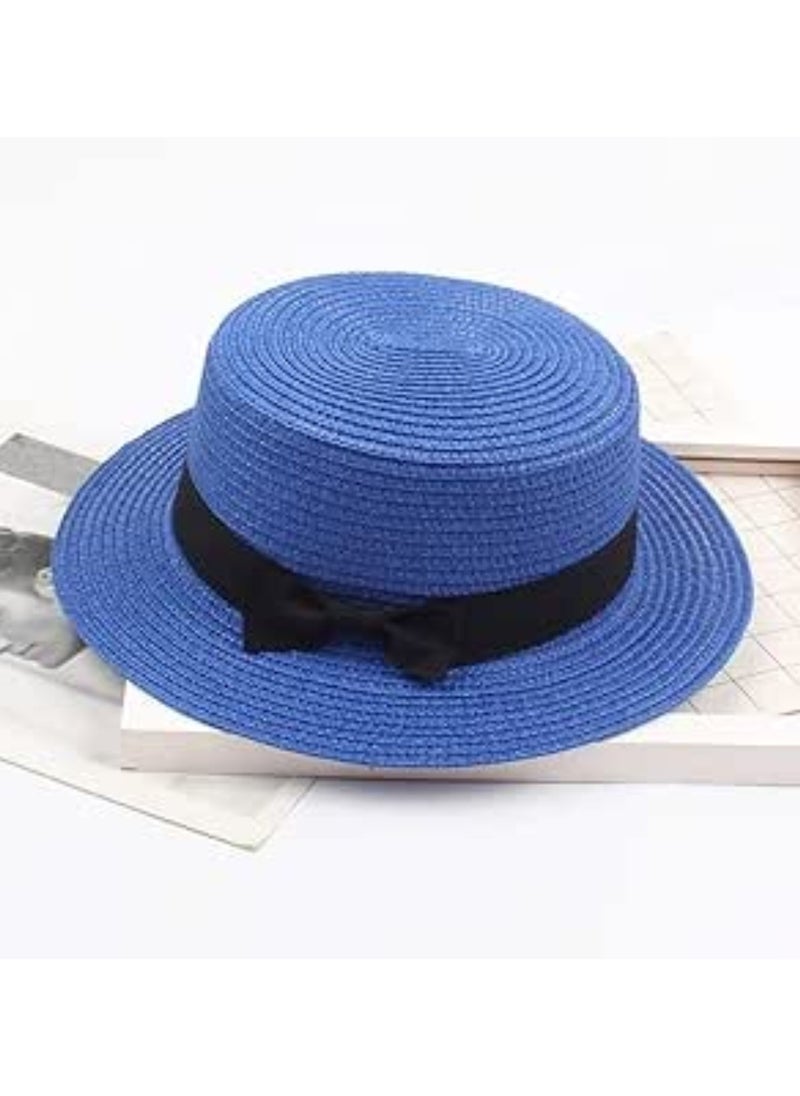 Vitacelli - Straw Sun Hat for Women, Girls Cute Summer Beach Cap Foldable Visor Floppy Wide Brim with Bowknot BLUE - Image 1