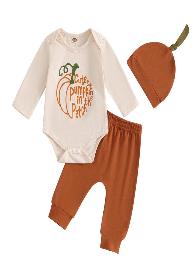 Lamuusaa Newborn Baby Boy Halloween Outfit Cutest Pumpkin In The Patch Romper Long Pants Hat 3Pcs Fall Outfit 0-18M (Beige, 0-3 Months) - Image 1