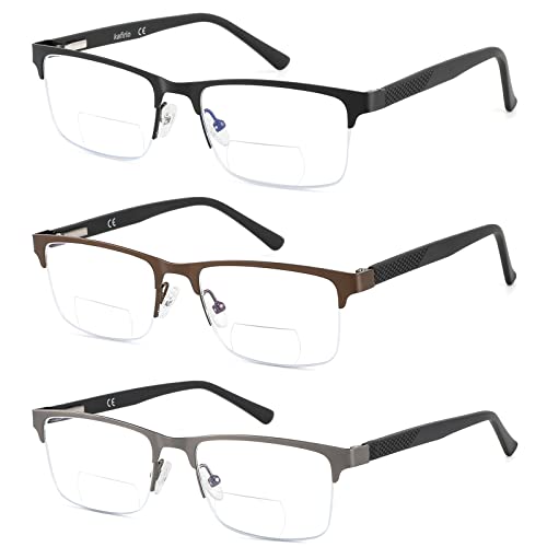 Kafirlo Bifocal Reading Glasses Men Blue Light Blocking Readers With Pouches Half Rimless Metal Frame Progressive Transition Eyeglasses Cheaters Designer Fashion Eyewear 3 Pack 200 - Image 1