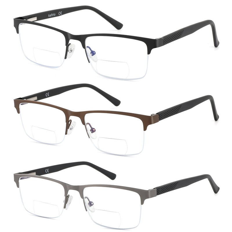 Kafirlo Bifocal Reading Glasses Men Blue Light Blocking Readers With Pouches Half Rimless Metal Frame Progressive Transition Eyeglasses Cheaters Designer Fashion Eyewear 3 Pack 200 - Image 2