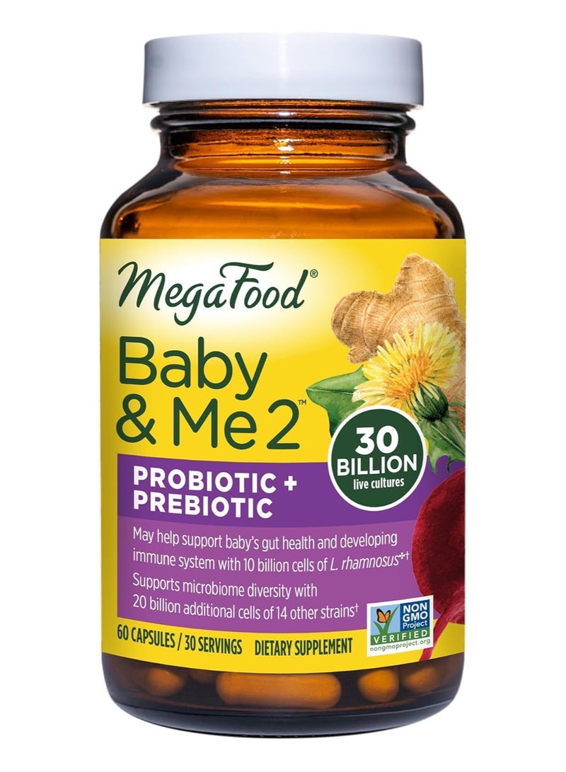 MegaFood PROBIOTIC + PREBIOTIC, BABY & ME 2,- 15 Strains 15 STRAINS With L. rhamnosus to support baby's gut health and developing immune system Dietary Supplement 60 CAPSULES / 30 SERVINGS - Image 1