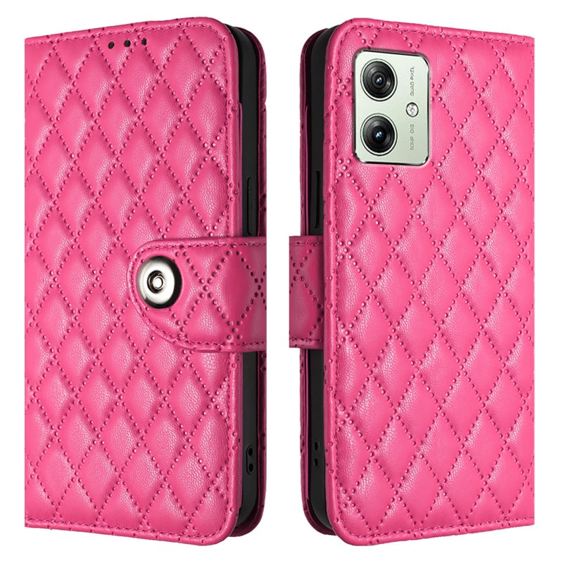 BURAQ Case Cover For Motorola Moto G54 EU / Brazil Rhombic Texture Flip Leather Phone Case with Lanyard(Rose Red) - Image 2