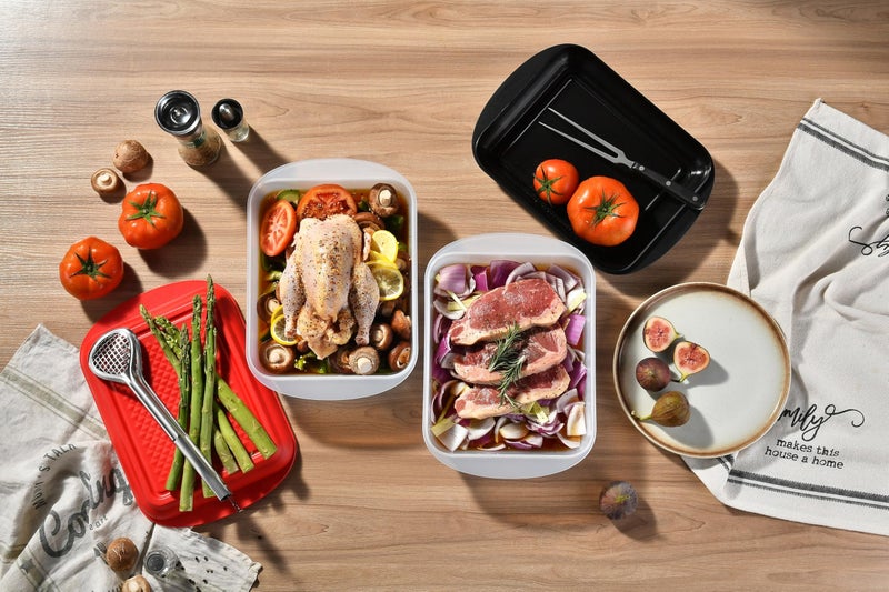 Haokithcun Large Marinade Container with Pyramids Carving Board Style Lid | Grill Prep and Deep Serve Tray | Microwave & Oven Safe Serving Platter Ideal Storing BBQ Meat, Vegetables,Roasting Turkey & Chicken - Image 4