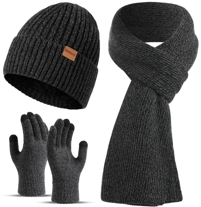 floconssy Men's Winter Beanies Hats Scarf Gloves Sets, 3 PCS Warm Fleece Lined Hat Thermal Long Scarf Touchscreen Gloves for Cold Weather Grey - Image 1