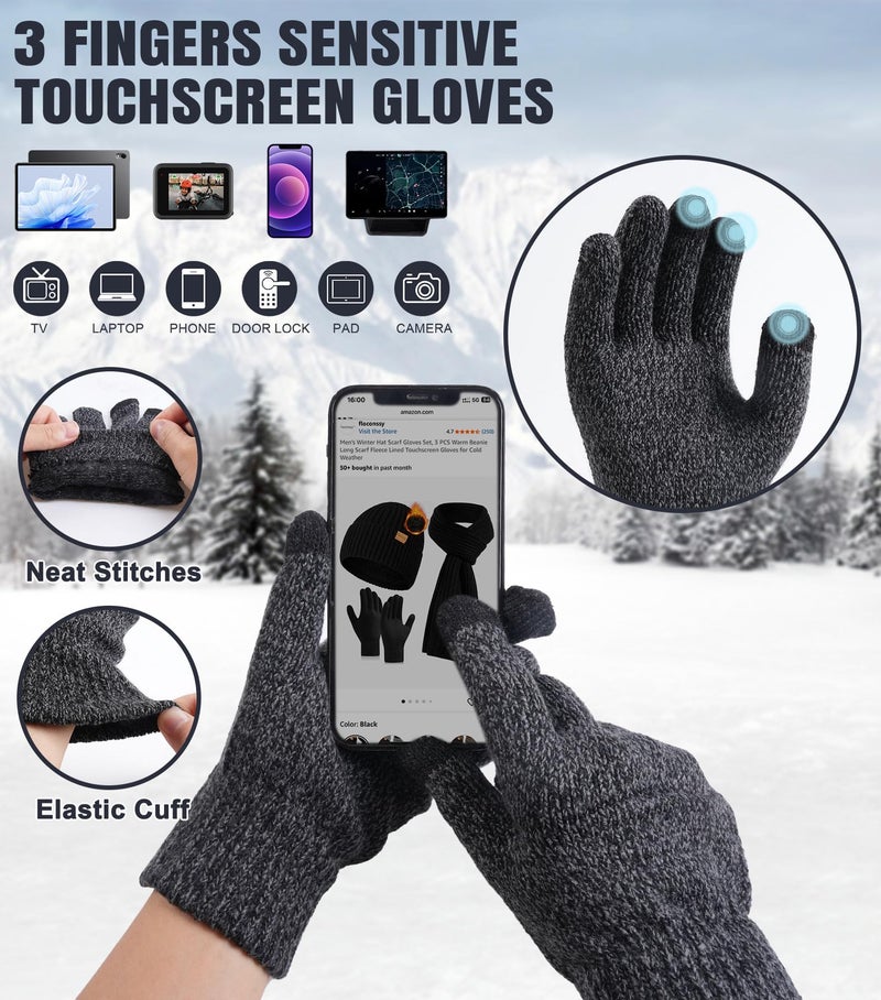 floconssy Men's Winter Beanies Hats Scarf Gloves Sets, 3 PCS Warm Fleece Lined Hat Thermal Long Scarf Touchscreen Gloves for Cold Weather Grey - Image 3