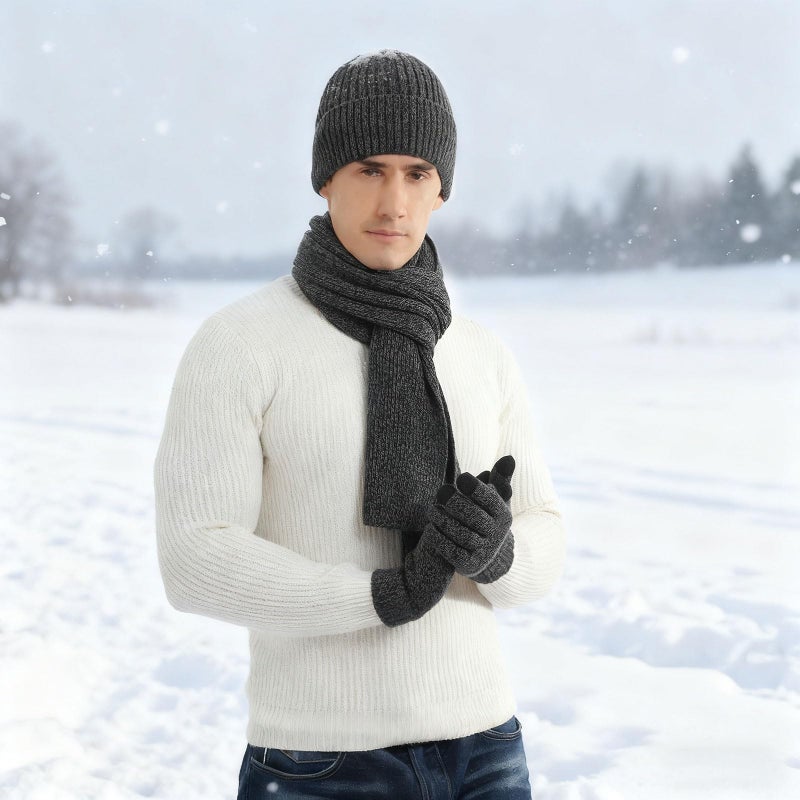 floconssy Men's Winter Beanies Hats Scarf Gloves Sets, 3 PCS Warm Fleece Lined Hat Thermal Long Scarf Touchscreen Gloves for Cold Weather Grey - Image 5