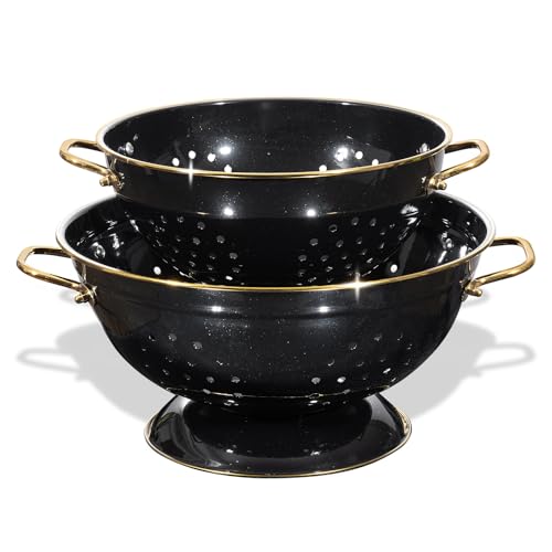 BeFare Metal Colander 2 Pack, 3.5 Quart Powder Coated Self-draining Solid Ring Base Metal Large Kitchen Pasta Vegetable Fruit Strainer with Handle (L-BLACK) - Image 1