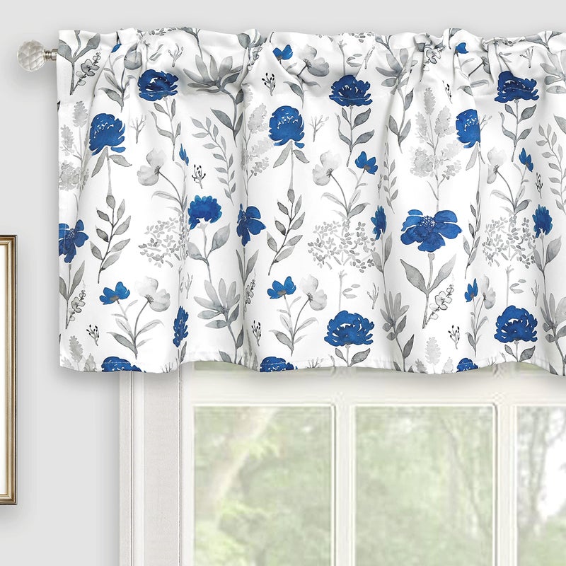Inselnwald Watercolor Flower Window Curtain Valance Blue Flower and Leaves Thermal Insulated Energy Saving Rod Pocket Valances for Kitchen Bathroom Living Room 52 Inch by 18 Inch Navy Blue
