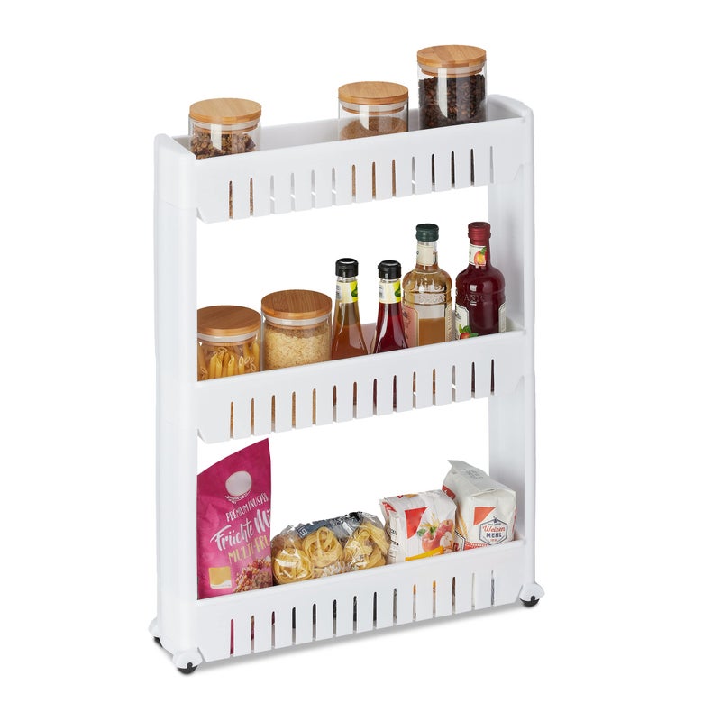 Relaxdays Niche Trolley 3 Shelves Narrow Shelf for Bathroom  Kitchen 71x125x54 cm Rolling Storage Plastic White