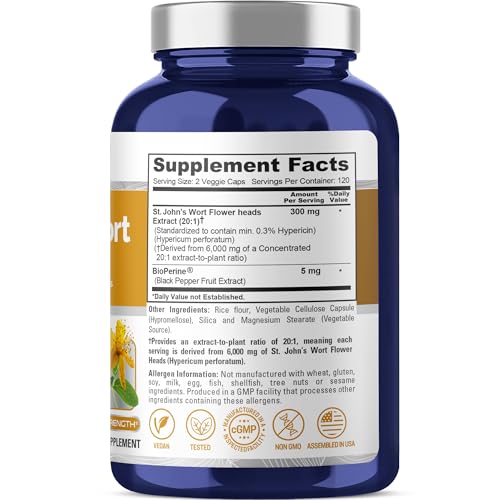 NusaPure St. John's Wort 20:1 Extract, 300 mg Equivalent to 6,000mg 240 Veggie Capsules (Vegetarian, Non-GMO) Bioperine - Image 2