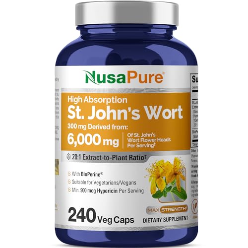 NusaPure St. John's Wort 20:1 Extract, 300 mg Equivalent to 6,000mg 240 Veggie Capsules (Vegetarian, Non-GMO) Bioperine - Image 1