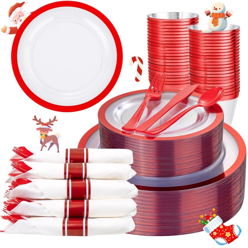 Liacere 350PCS Clear and Red Plastic New Year Plates and Napkins for 50Guests Plastic Dinnerware Set100 Red Disposable Plates 50 Pre Rolled Napkins with Cutlery50 Cups for PartyChristmas