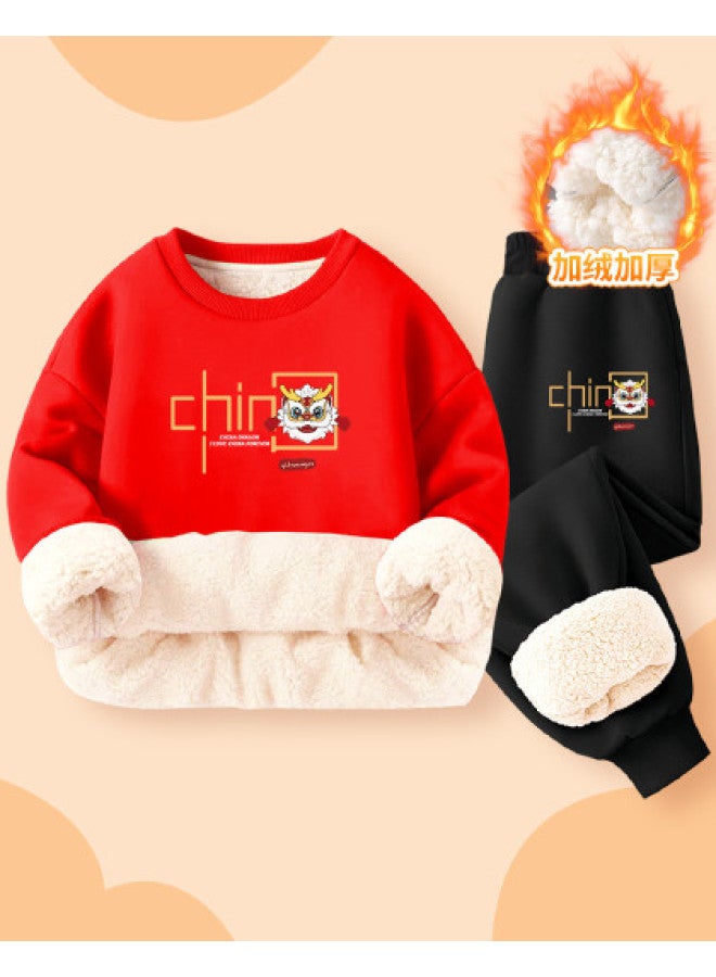 YISHUANGER Year Of The Snake 2025 Fleece-lined Thickened Winter Children's New Year Red Festival Hoodie Boys Girls Festive Two-piece - Image 1