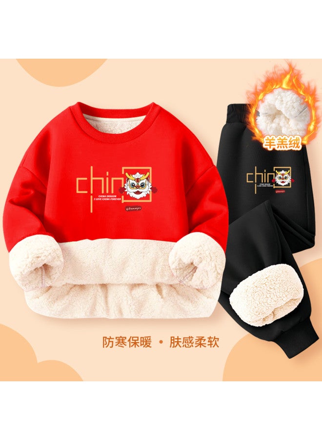 YISHUANGER Year Of The Snake 2025 Fleece-lined Thickened Winter Children's New Year Red Festival Hoodie Boys Girls Festive Two-piece - Image 2