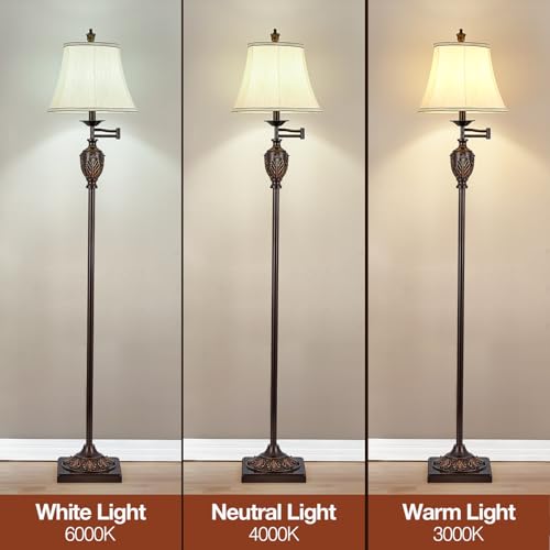 AIDENOEY Traditional LED Floor Lamp with 350° Adjustable Swing Arm Lamp – Vintage Standing Pole lamp for Living Room, Bedroom and Office – Rustic Upright Floor Light for Home Décor with Faux Silk Fabric Shade - Image 2