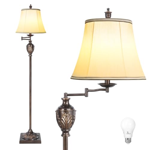 AIDENOEY Traditional LED Floor Lamp with 350° Adjustable Swing Arm Lamp – Vintage Standing Pole lamp for Living Room, Bedroom and Office – Rustic Upright Floor Light for Home Décor with Faux Silk Fabric Shade - Image 1