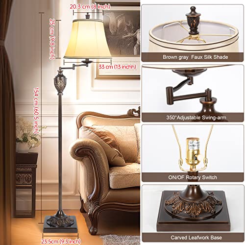 AIDENOEY Traditional LED Floor Lamp with 350° Adjustable Swing Arm Lamp – Vintage Standing Pole lamp for Living Room, Bedroom and Office – Rustic Upright Floor Light for Home Décor with Faux Silk Fabric Shade - Image 3