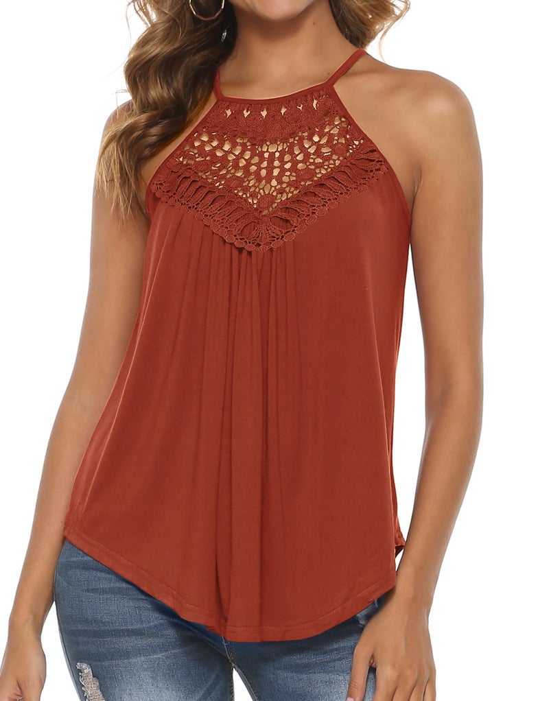 Bluetime Spaghetti Strap Tank Top Women's Strappy Sleeveless Dressy Pleated Tunic Concert Tops Red Brown L - Image 2