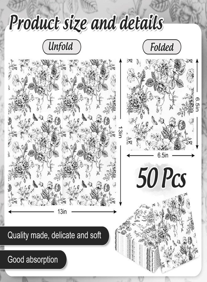 JarThenaAMCS 50Pcs Black Floral Paper Napkins Disposable Vintage Wildflowers Luncheon Napkins Dinner Hand Napkins for Party Supplies Table Decor - Image 2