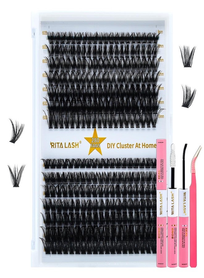 RITALASH Lash Extension Kit 60D+80D DIY Lash Clusters 280pcs Cluster Lashes Individual Lashes Eyelash Extension Kit with Lash Bond and Seal,Lash Tweezers(60D+80D Kit,9-15mm Mixed) - Image 1
