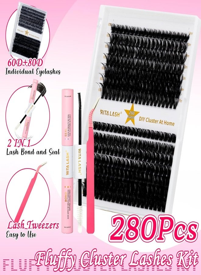 RITALASH Lash Extension Kit 60D+80D DIY Lash Clusters 280pcs Cluster Lashes Individual Lashes Eyelash Extension Kit with Lash Bond and Seal,Lash Tweezers(60D+80D Kit,9-15mm Mixed) - Image 3