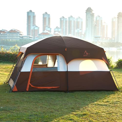 KTT Extra Large Tent 10 Person,Family Cabin Tents,2 Rooms,3 Doors and 3 Windows with Mesh,Straight Wall,Waterproof,Double Layer,Big Tent for Outdoor,Picnic,Camping,Family Gathering(Brown) - Image 4