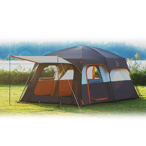 KTT Extra Large Tent 10 Person,Family Cabin Tents,2 Rooms,3 Doors and 3 Windows with Mesh,Straight Wall,Waterproof,Double Layer,Big Tent for Outdoor,Picnic,Camping,Family Gathering(Brown) - Image 1