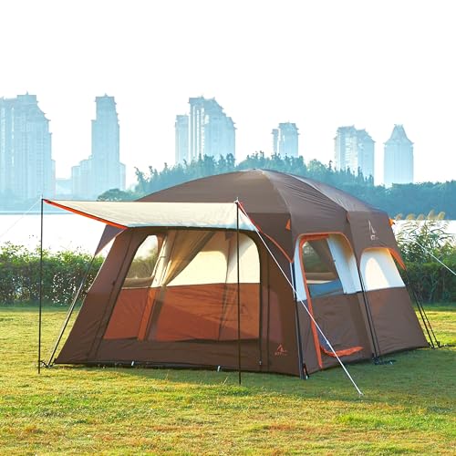 KTT Extra Large Tent 10 Person,Family Cabin Tents,2 Rooms,3 Doors and 3 Windows with Mesh,Straight Wall,Waterproof,Double Layer,Big Tent for Outdoor,Picnic,Camping,Family Gathering(Brown) - Image 5