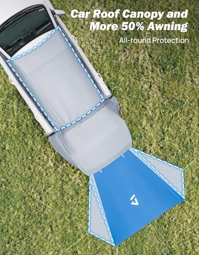 JOYTUTUS SUV Tailgate Tent with Three Sides Awning and Poles, Water Resistant SUV Camping Tent with Car Roof Cover, Car Camping Universal Fit Most SUVs, Cars, Grey Blue - Image 3
