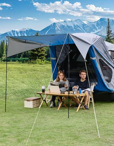 JOYTUTUS SUV Tailgate Tent with Three Sides Awning and Poles, Water Resistant SUV Camping Tent with Car Roof Cover, Car Camping Universal Fit Most SUVs, Cars, Grey Blue - Image 5