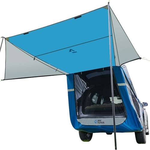 JOYTUTUS SUV Tailgate Tent with Three Sides Awning and Poles, Water Resistant SUV Camping Tent with Car Roof Cover, Car Camping Universal Fit Most SUVs, Cars, Grey Blue - Image 1