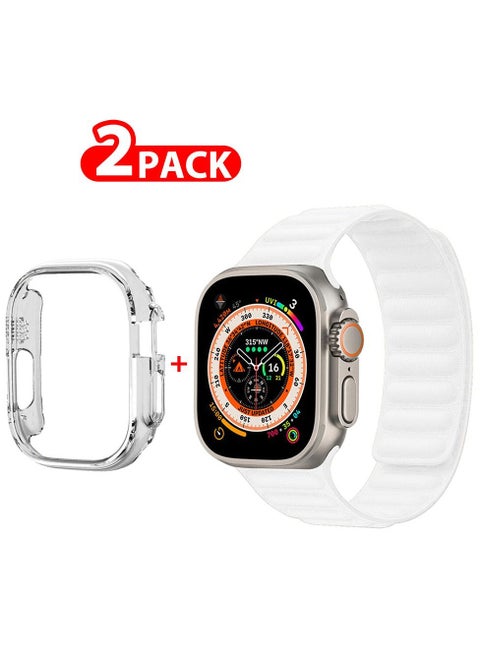 2 Packs For Apple Watch Band 49mm Leather Link Strap Magnetic Loop Bracelet and Clear Cup Holder White
