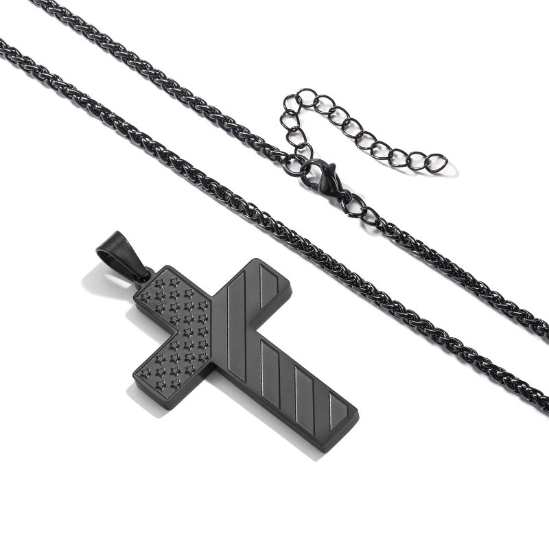 DuoDiner Black Cross Necklace for Boys Men Pendant Chain Stainless Steel American Flag Religious Jewelry Gift - Image 4