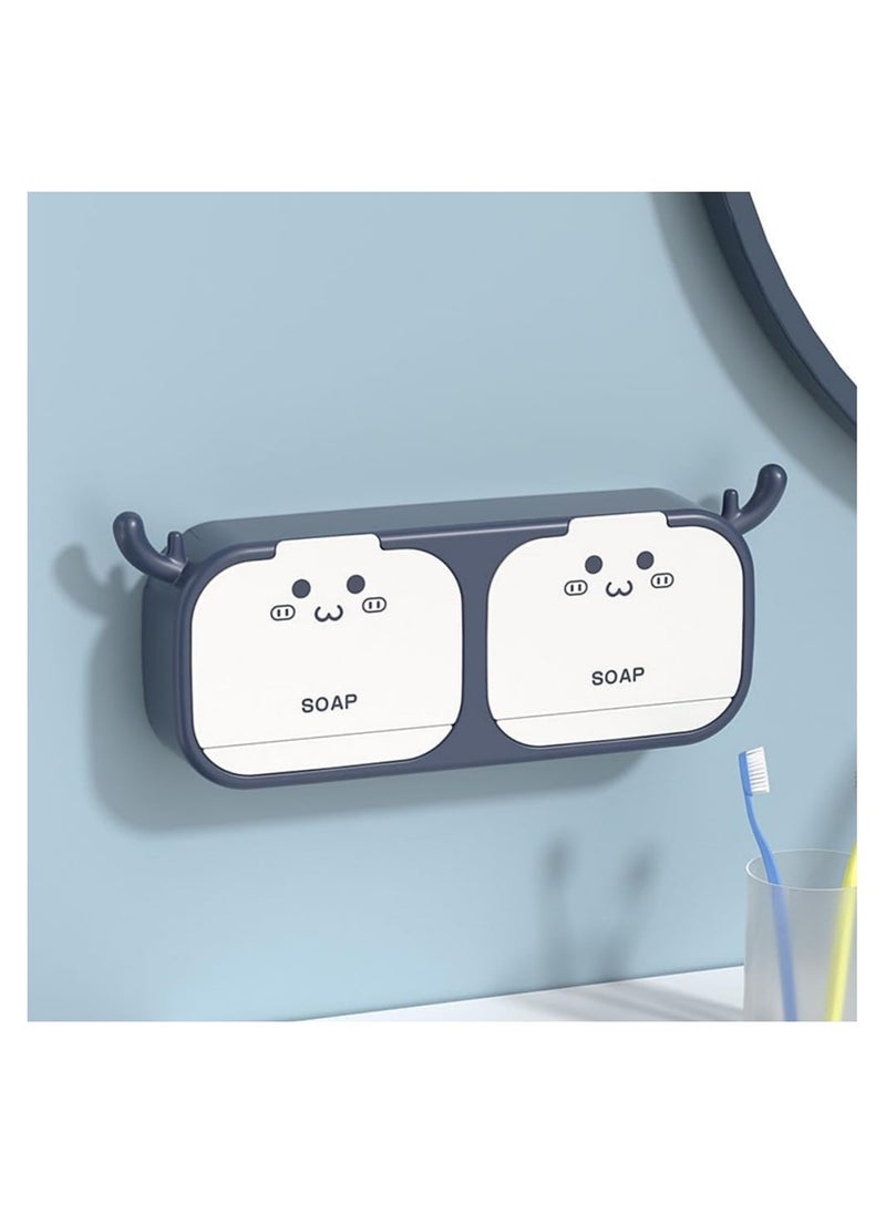 Bar Soap Holder, Cartoon Soap Holder with Antler Hooks, 2-in-1 Wall Mounted Soap Dish, Shower Wall Mounted  No Drilling Flip-Top Soap Bar Holder with Self Draining to Keep Soap Bars Dry