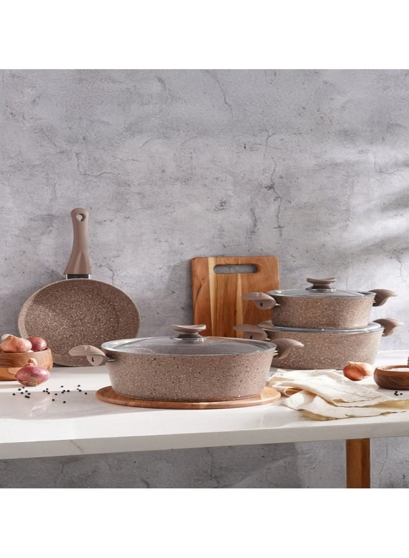 او ام اس OMS 3102 – طقم أواني طهي جرانيت 9 قطع | بني - Image 1