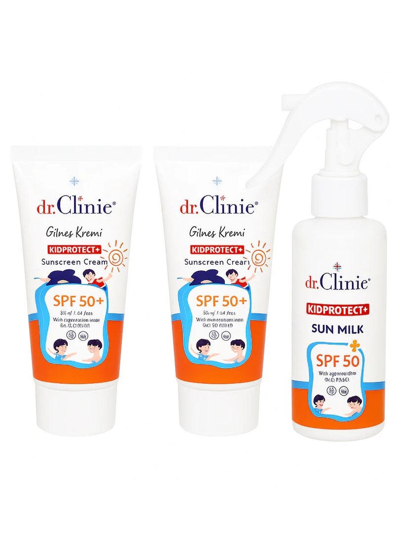 dr.Clinic Dr. Clinic Kids Safe Skincare Kit –Kids Protect Sun Milk Spf 50+ 150 ml| Kids Protect Sun Screen Cream Spf 50+ 50 ml| sunscreen lotion hydrates children's skin while protecting it from dryness caused by sun exposure, Protection against harmful UVA and UVB rays, effecti+M14+M20