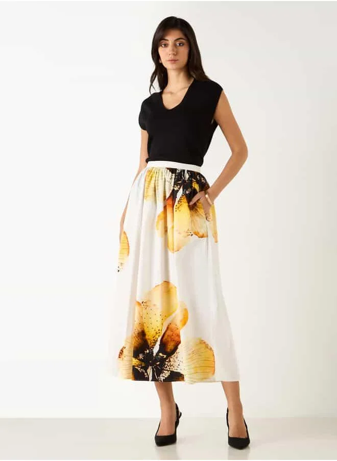 Iconic Iconic Floral Print Midi Skirt with Elasticated Waistband