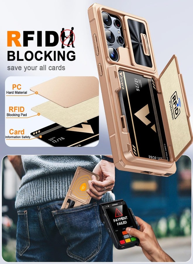 جراب Vizvera لهاتف سامسونج جالاكسي S25 ألترا، جراب محفظة بتقنية RFID [حامل بطاقات][غطاء كاميرا][حافة مرتفعة]، جراب حماية سيليكوني متين مقاوم للصدمات لكامل الجسم لهاتف جالاكسي S25 ألترا 6.9 بوصة (ذهبي شامبانيا) - Image 4