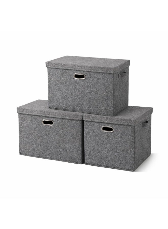 XVersion 3-Pack Collapsible Linen Storage Bins with Removable Lids, 38L Foldable Stackable Fabric Organiser Boxes with 4 Handles, 44 x 29 x 30 cm - Image 1